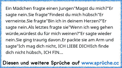 Ein Mädchen fragte einen Jungen
"Magst du mich?"
Er sagte nein.
Sie fragte
"Findest du mich hübsch"
Er verneinte.
Sie fragte
"Bin ich in deinem Herzen?"
Er sagte nein.
Als letztes fragte sie
"Wenn ich weg gehen würde,
würdest du für mich weinen?"
Er sagte wieder nein.
Sie ging traurig davon.
Er packte sie am Arm und sagte
"Ich mag dich nicht, ICH LIEBE DICH!
Ich finde dich nicht hübsch, ICH FIN...