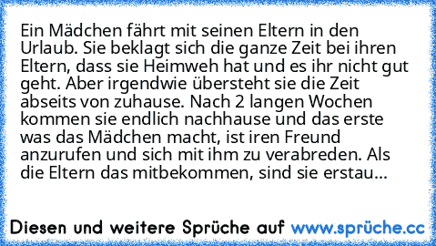 Ein Mädchen fährt mit seinen Eltern in den Urlaub. Sie beklagt sich die ganze Zeit bei ihren Eltern, dass sie Heimweh hat und es ihr nicht gut geht. Aber irgendwie übersteht sie die Zeit abseits von zuhause. Nach 2 langen Wochen kommen sie endlich nachhause und das erste was das Mädchen macht, ist iren Freund anzurufen und sich mit ihm zu verabreden. Als die Eltern das mitbekommen, sind sie ers...