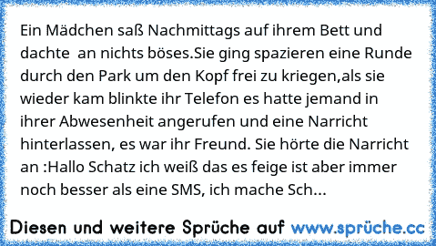 Ein Mädchen saß Nachmittags auf ihrem Bett und dachte  an nichts böses.
Sie ging spazieren eine Runde durch den Park um den Kopf frei zu kriegen,
als sie wieder kam blinkte ihr Telefon es hatte jemand in ihrer Abwesenheit angerufen und eine Narricht hinterlassen, es war ihr Freund. Sie hörte die Narricht an :
Hallo Schatz ich weiß das es feige ist aber immer noch besser als eine SMS, ich mache ...