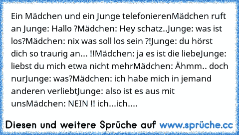 Ein Mädchen und ein Junge telefonieren
Mädchen ruft an 
Junge: Hallo ?
Mädchen: Hey schatz..
Junge: was ist los?
Mädchen: nix was soll los sein ?!
Junge: du hörst dich so traurig an... !!
Mädchen: ja es ist die liebe
Junge: liebst du mich etwa nicht mehr
Mädchen: Ähmm.. doch nur
Junge: was?
Mädchen: ich habe mich in jemand anderen verliebt
Junge: also ist es aus mit uns
Mädchen: NEIN !! ich...i...