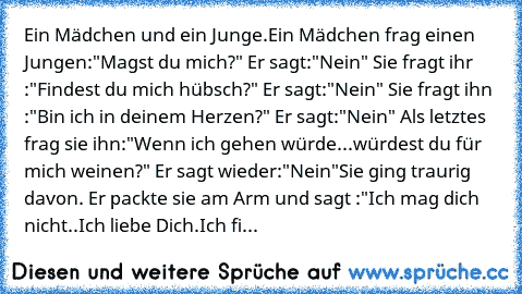 Ein Mädchen und ein Junge.
Ein Mädchen frag einen Jungen:"Magst du mich?" Er sagt:"Nein" Sie fragt ihr :"Findest du mich hübsch?" Er sagt:"Nein" Sie fragt ihn :"Bin ich in deinem Herzen?" Er sagt:"Nein" Als letztes frag sie ihn:"Wenn ich gehen würde...würdest du für mich weinen?" Er sagt wieder:"Nein"
Sie ging traurig davon. Er packte sie am Arm und sagt :"Ich mag dich nicht..Ich liebe Dich.Ich...