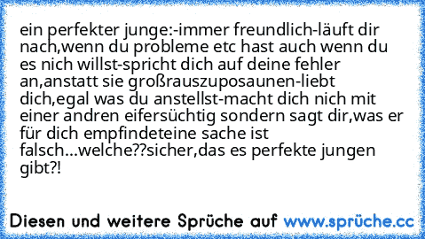 ein perfekter junge:
-immer freundlich
-läuft dir nach,wenn du probleme etc hast auch wenn du es nich willst
-spricht dich auf deine fehler an,anstatt sie groß
rauszuposaunen
-liebt dich,egal was du anstellst
-macht dich nich mit einer andren eifersüchtig
 sondern sagt dir,was er für dich empfindet
eine sache ist falsch...welche??
sicher,das es perfekte jungen gibt?!