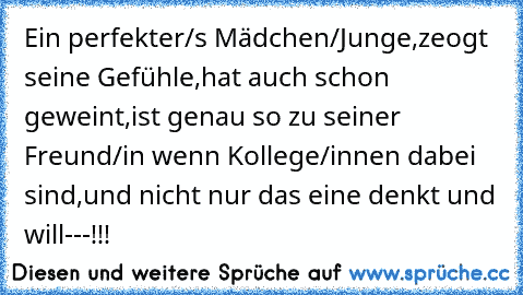 Ein perfekter/s Mädchen/Junge,zeogt seine Gefühle,hat auch schon geweint,ist genau so zu seiner Freund/in wenn Kollege/innen dabei sind,und nicht nur das eine denkt und will---!!!