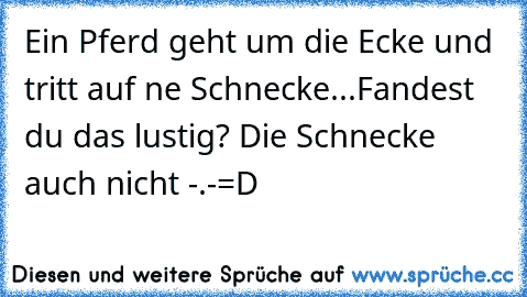 Ein Pferd geht um die Ecke und tritt auf ne Schnecke...
Fandest du das lustig? Die Schnecke auch nicht -.-
=D