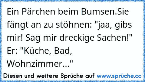 Ein Pärchen beim Bumsen.
Sie fängt an zu stöhnen: "jaa, gibs mir! Sag mir dreckige Sachen!" Er: "Küche, Bad, Wohnzimmer..."