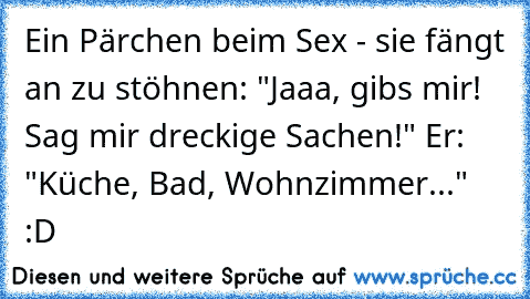 Ein Pärchen beim Sex - sie fängt an zu stöhnen: "Jaaa, gibs mir! Sag mir dreckige Sachen!" Er: "Küche, Bad, Wohnzimmer..." :D