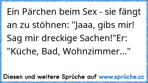 Ein Pärchen beim Sex - sie fängt an zu stöhnen: "Jaaa, gibs mir! Sag mir dreckige Sachen!"
Er: "Küche, Bad, Wohnzimmer..."