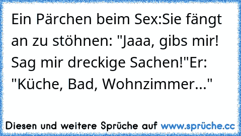 Ein Pärchen beim Sex:
Sie fängt an zu stöhnen: "Jaaa, gibs mir! Sag mir dreckige Sachen!"
Er: "Küche, Bad, Wohnzimmer..."