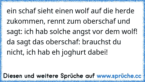 ein schaf sieht einen wolf auf die herde zukommen, rennt zum oberschaf und sagt: ich hab solche angst vor dem wolf! da sagt das oberschaf: brauchst du nicht, ich hab eh joghurt dabei!