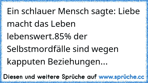 Ein schlauer Mensch sagte: Liebe macht das Leben lebenswert.
85% der Selbstmordfälle sind wegen kapputen Beziehungen...