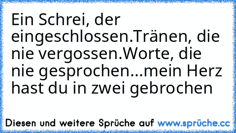 Ein Schrei, der eingeschlossen.
Tränen, die nie vergossen.
Worte, die nie gesprochen
...mein Herz hast du in zwei gebrochen