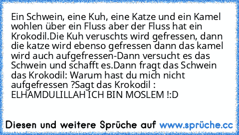 Ein Schwein, eine Kuh, eine Katze und ein Kamel wohlen über ein Fluss aber der Fluss hat ein Krokodil.
Die Kuh veruschts wird gefressen, dann die katze wird ebenso gefressen dann das kamel wird auch aufgefressen-
Dann versucht es das Schwein und schafft es.
Dann fragt das Schwein das Krokodil: Warum hast du mich nicht aufgefressen ?
Sagt das Krokodil : ELHAMDULILLAH ICH BIN MOSLEM !:D