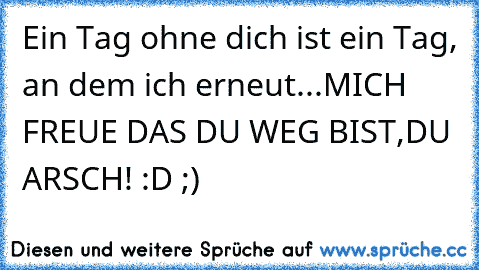 Ein Tag ohne dich ist ein Tag, an dem ich erneut...
MICH FREUE DAS DU WEG BIST,DU ARSCH! :D ;)