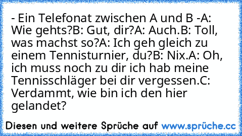 - Ein Telefonat zwischen A und B -
A: Wie gehts?
B: Gut, dir?
A: Auch.
B: Toll, was machst so?
A: Ich geh gleich zu einem Tennisturnier, du?
B: Nix.
A: Oh, ich muss noch zu dir ich hab meine Tennisschläger bei dir vergessen.
C: Verdammt, wie bin ich den hier gelandet?