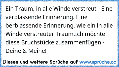 Ein Traum, in alle Winde verstreut - Eine verblassende Erinnerung. Eine berblassende Erinnerung, wie ein in alle Winde verstreuter Traum.
Ich möchte diese Bruchstücke zusammenfügen - Deine & Meine!