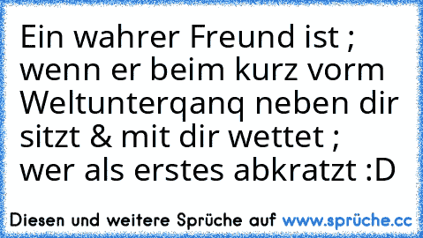 Ein wahrer Freund ist ; wenn er beim kurz vorm Weltunterqanq neben dir sitzt & mit dir wettet ; wer als erstes abkratzt :D