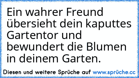 Ein wahrer Freund übersieht dein kaputtes Gartentor und bewundert die Blumen in deinem Garten.