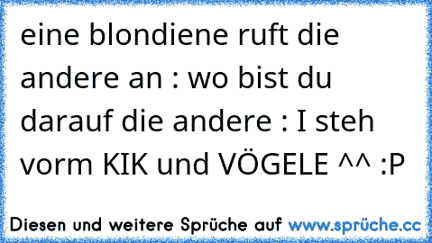 eine blondiene ruft die andere an : wo bist du darauf die andere : I steh vorm KIK und VÖGELE ^^ :P