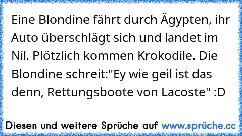 Eine Blondine fährt durch Ägypten, ihr Auto überschlägt sich und landet im Nil. Plötzlich kommen Krokodile. Die Blondine schreit:
"Ey wie geil ist das denn, Rettungsboote von Lacoste" :D