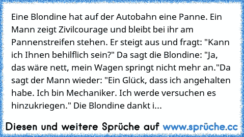 Eine Blondine hat auf der Autobahn eine Panne. Ein Mann zeigt Zivilcourage und bleibt bei ihr am Pannenstreifen stehen. Er steigt aus und fragt: "Kann ich Ihnen behilflich sein?" Da sagt die Blondine: "Ja, das wäre nett, mein Wagen springt nicht mehr an."
Da sagt der Mann wieder: "Ein Glück, dass ich angehalten habe. Ich bin Mechaniker. Ich werde versuchen es hinzukriegen." Die Blondine dankt ihm ...