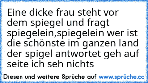 Eine dicke frau steht vor dem spiegel und fragt spiegelein,spiegelein wer ist die schönste im ganzen land der spigel antwortet geh auf seite ich seh nichts