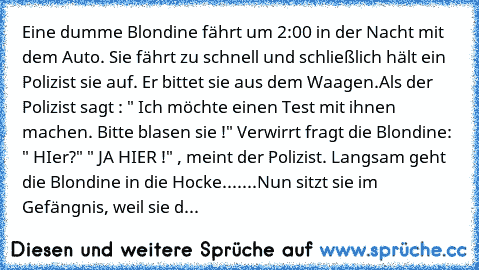 Eine dumme Blondine fährt um 2:00 in der Nacht mit dem Auto. Sie fährt zu schnell und schließlich hält ein Polizist sie auf. Er bittet sie aus dem Waagen.
Als der Polizist sagt : " Ich möchte einen Test mit ihnen machen. Bitte blasen sie !" Verwirrt fragt die Blondine: " HIer?" " JA HIER !" , meint der Polizist. Langsam geht die Blondine in die Hocke.......Nun sitzt sie im Gefängnis, weil sie d...