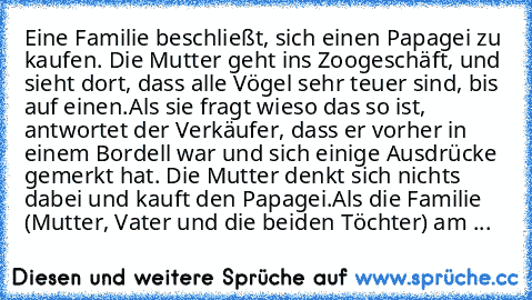 Eine Familie beschließt, sich einen Papagei zu kaufen. Die Mutter geht ins Zoogeschäft, und sieht dort, dass alle Vögel sehr teuer sind, bis auf einen.
Als sie fragt wieso das so ist, antwortet der Verkäufer, dass er vorher in einem Bordell war und sich einige Ausdrücke gemerkt hat. Die Mutter denkt sich nichts dabei und kauft den Papagei.
Als die Familie (Mutter, Vater und die beiden Töchter) ...