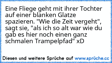 Eine Fliege geht mit ihrer Tochter auf einer blanken Glatze spazieren. "Wie die Zeit vergeht", sagt sie, "als ich so alt war wie du gab es hier noch einen ganz schmalen Trampelpfad" xD