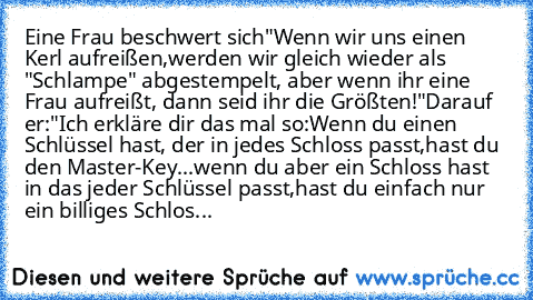 Eine Frau beschwert sich
"Wenn wir uns einen Kerl aufreißen,
werden wir gleich wieder als "Schlampe" abgestempelt, aber wenn ihr eine Frau aufreißt, dann seid ihr die Größten!"
Darauf er:
"Ich erkläre dir das mal so:
Wenn du einen Schlüssel hast, der in jedes Schloss passt,
hast du den Master-Key...
wenn du aber ein Schloss hast in das jeder Schlüssel passt,
hast du einfach nur ein billiges Sch...