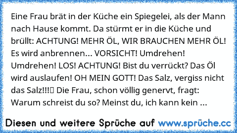 Eine Frau brät in der Küche ein Spiegelei, als der Mann nach Hause kommt. Da stürmt er in die Küche und brüllt: „ACHTUNG! MEHR ÖL, WIR BRAUCHEN MEHR ÖL! Es wird anbrennen... VORSICHT! Umdrehen! Umdrehen! LOS! ACHTUNG! Bist du verrückt? Das Öl wird auslaufen! OH MEIN GOTT! Das Salz, vergiss nicht das Salz!!!“ Die Frau, schon völlig genervt, fragt: „Warum schreist du so? Meinst du, ich kann kein Spi...