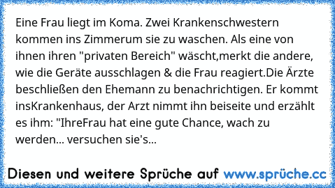 Eine Frau liegt im Koma. Zwei Krankenschwestern kommen ins Zimmer
um sie zu waschen. Als eine von ihnen ihren "privaten Bereich" wäscht,
merkt die andere, wie die Geräte ausschlagen & die Frau reagiert.
Die Ärzte beschließen den Ehemann zu benachrichtigen. Er kommt ins
Krankenhaus, der Arzt nimmt ihn beiseite und erzählt es ihm: "Ihre
Frau hat eine gute Chance, wach zu werden... versuchen sie's...