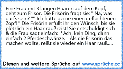 Eine Frau mit 3 langen Haaren auf dem Kopf, geht zum Frisör. Die Frisörin fragt sie: '' Na, was darfs sein? ''
'' Ich hätte gerne einen geflochtenen Zopf! '' Die Frisörin erfüllt ihr den Wunsch, bis sie plötzlich ein Haar raußreist! Sie entschuldigt sich & die Frau sagt einfach: '' Ach, kein Ding, dann einfach 2 Pferdeschwänze. '' Als die Frisörin das machen wollte, reißt sie wieder ein Haar rauß....