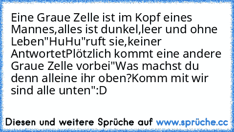 Eine Graue Zelle ist im Kopf eines Mannes,alles ist dunkel,leer und ohne Leben
"HuHu"ruft sie,keiner Antwortet
Plötzlich kommt eine andere Graue Zelle vorbei"Was machst du denn alleine ihr oben?Komm mit wir sind alle unten"
:D