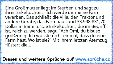 Eine Großmutter liegt im Sterben und sagt zu ihrer Enkeltochter: "Ich werde dir meine Farm vererben. Das schließt die Villa, den Traktor und andere Geräte, das Farmhaus und 33.998.831,70 Dollar in Bar ein."
Die Enkeltochter, die im Begriff ist, reich zu werden, sagt: "Ach Omi, du bist so großzügig. Ich wusste nicht einmal, dass du eine Farm hast. Wo ist sie?" Mit ihrem letzten Atemzug flüstert ...