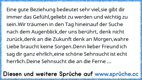 Eine gute Beziehung bedeutet sehr viel,
sie gibt dir immer das Gefühl,
geliebt zu werden und wichtig zu sein.
Wir träumen in den Tag hinein
auf der Suche nach dem Augenblick,
der uns berührt, denk nicht zurück,
denk an die Zukunft denk an Morgen,
wahre Liebe braucht keine Sorgen.
Denn lieber Freund ich sag dir ganz ehrlich,
eine schöne Sehnsucht ist echt herrlich.
Deine Sehnsucht die an die Fer...