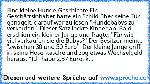 Eine kleine Hunde-Geschichte Ein Geschäftsinhaber hatte ein Schild über seine Tür genagelt, darauf war zu lesen "Hundebabys zu verkaufen". Dieser Satz lockte Kinder an. Bald erschien ein kleiner Junge und fragte: "Für wie viel verkaufen sie die Babys?" Der Besitzer meinte "zwischen 30 und 50 Euro". Der kleine Junge griff in seine Hosentasche und zog etwas Wechselgeld heraus. "Ich habe 2,37 Euro, k...