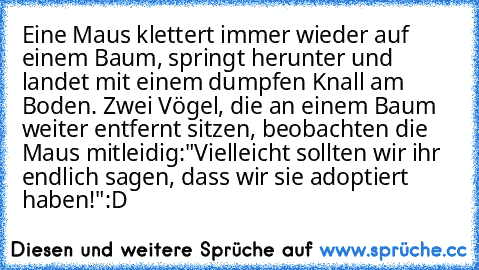 Eine Maus klettert immer wieder auf einem Baum, springt herunter und landet mit einem dumpfen Knall am Boden.
 Zwei Vögel, die an einem Baum weiter entfernt sitzen, beobachten die Maus mitleidig:
"Vielleicht sollten wir ihr endlich sagen, dass wir sie adoptiert haben!"
:D