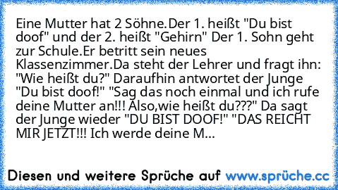 Eine Mutter hat 2 Söhne.Der 1. heißt "Du bist doof" und der 2. heißt "Gehirn" Der 1. Sohn geht zur Schule.Er betritt sein neues Klassenzimmer.Da steht der Lehrer und fragt ihn: "Wie heißt du?" Daraufhin antwortet der Junge "Du bist doof!" "Sag das noch einmal und ich rufe deine Mutter an!!! Also,wie heißt du???" Da sagt der Junge wieder "DU BIST DOOF!" "DAS REICHT MIR JETZT!!! Ich werde deine M...