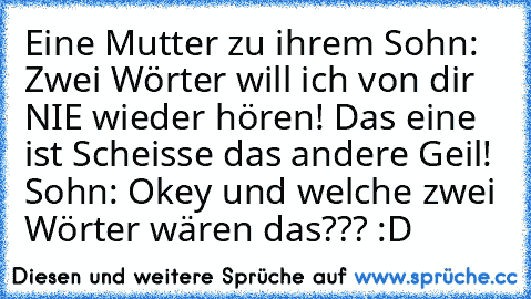 Eine Mutter zu ihrem Sohn: Zwei Wörter will ich von dir NIE wieder hören! Das eine ist Scheisse das andere Geil! Sohn: Okey und welche zwei Wörter wären das??? :D