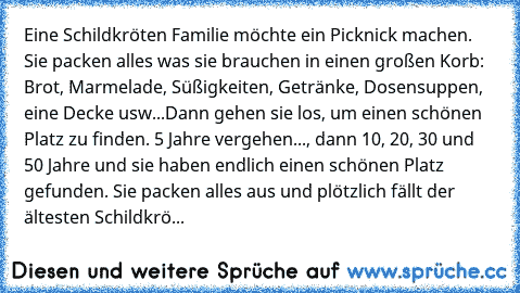 Eine Schildkröten Familie möchte ein Picknick machen. Sie packen alles was sie brauchen in einen großen Korb: Brot, Marmelade, Süßigkeiten, Getränke, Dosensuppen, eine Decke usw...
Dann gehen sie los, um einen schönen Platz zu finden. 5 Jahre vergehen..., dann 10, 20, 30 und 50 Jahre und sie haben endlich einen schönen Platz gefunden. Sie packen alles aus und plötzlich fällt der ältesten Schild...