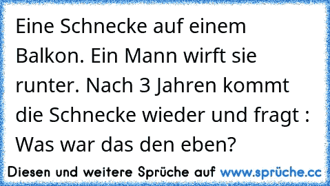 Eine Schnecke auf einem Balkon. Ein Mann wirft sie runter. Nach 3 Jahren kommt die Schnecke wieder und fragt : Was war das den eben?