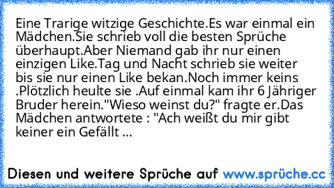 Eine Trarige witzige Geschichte.
Es war einmal ein Mädchen.
Sie schrieb voll die besten Sprüche überhaupt.
Aber Niemand gab ihr nur einen einzigen Like.
Tag und Nacht schrieb sie weiter bis sie nur einen Like bekan.
Noch immer keins .
Plötzlich heulte sie .
Auf einmal kam ihr 6 Jähriger Bruder herein.
"Wieso weinst du?" fragte er.
Das Mädchen antwortete : "Ach weißt du mir gibt keiner ein Gefäl...