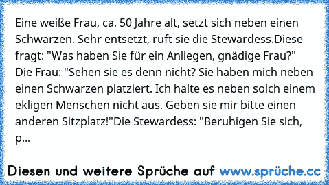 Eine weiße Frau, ca. 50 Jahre alt, setzt sich neben einen Schwarzen. Sehr entsetzt, ruft sie die Stewardess.
Diese fragt: "Was haben Sie für ein Anliegen, gnädige Frau?" Die Frau: "Sehen sie es denn nicht? Sie haben mich neben einen Schwarzen platziert. Ich halte es neben solch einem ekligen Menschen nicht aus. Geben sie mir bitte einen anderen Sitzplatz!"
Die Stewardess: "Beruhigen Sie sich, p...