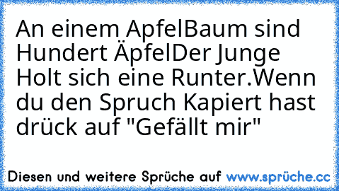 An einem ApfelBaum sind Hundert Äpfel
Der Junge Holt sich eine Runter.
Wenn du den Spruch Kapiert hast drück auf "Gefällt mir"