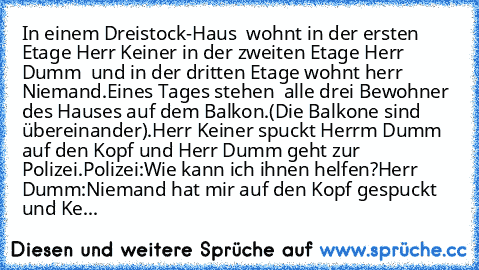 In einem Dreistock-Haus  wohnt in der ersten Etage Herr Keiner in der zweiten Etage Herr Dumm  und in der dritten Etage wohnt herr Niemand.Eines Tages stehen  alle drei Bewohner des Hauses auf dem Balkon.(Die Balkone sind übereinander).Herr Keiner spuckt Herrm Dumm auf den Kopf und Herr Dumm geht zur Polizei.
Polizei:Wie kann ich ihnen helfen?
Herr Dumm:Niemand hat mir auf den Kopf gespuckt und...