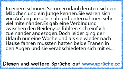 In einem schönen Sommerurlaub lernten sich ein Mädchen und ein Junge kennen.Sie waren sich von Anfang an sehr nah und unternahmen sehr viel miteinander.Es gab eine Verbindung zwischen den Beiden,sie fühlten sich einfach zueinander angezogen.Doch leider ging der Urlaub nur eine Woche und als sie wieder nach Hause fahren mussten hatten beide Tränen in den Augen und sie verabschiedeten sich mit ei...