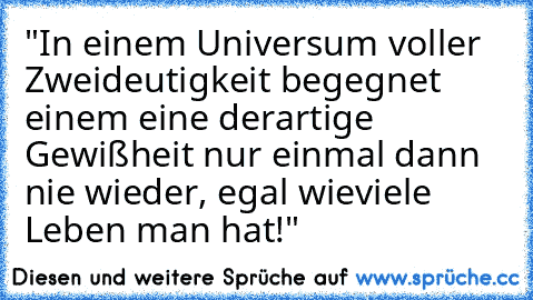 "In einem Universum voller Zweideutigkeit begegnet einem eine derartige Gewißheit nur einmal dann nie wieder, egal wieviele Leben man hat!"