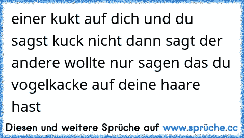 einer kukt auf dich und du sagst kuck nicht dann sagt der andere wollte nur sagen das du vogelkacke auf deine haare hast