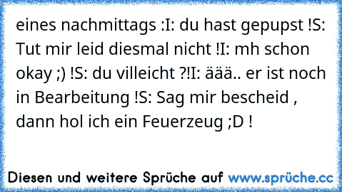 eines nachmittags :
I: du hast gepupst !
S: Tut mir leid diesmal nicht !
I: mh schon okay ;) !
S: du villeicht ?!
I: äää.. er ist noch in Bearbeitung !
S: Sag mir bescheid , dann hol ich ein Feuerzeug ;D !