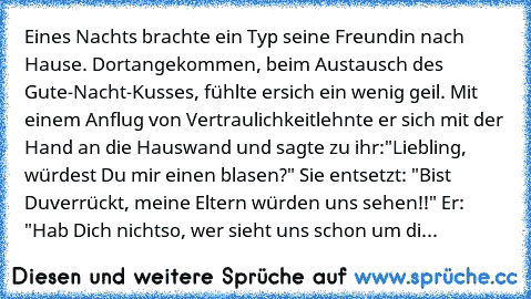 Eines Nachts brachte ein Typ seine Freundin nach Hause. Dort
angekommen, beim Austausch des Gute-Nacht-Kusses, fühlte er
sich ein wenig geil. Mit einem Anflug von Vertraulichkeit
lehnte er sich mit der Hand an die Hauswand und sagte zu ihr:
"Liebling, würdest Du mir einen blasen?" Sie entsetzt: "Bist Du
verrückt, meine Eltern würden uns sehen!!" Er: "Hab Dich nicht
so, wer sieht uns schon um di...